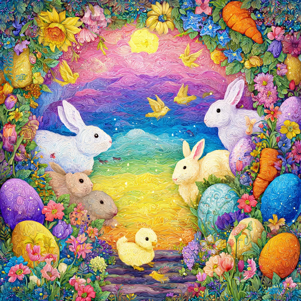Easter Rabbit Chicks Eggs Flowers Garden