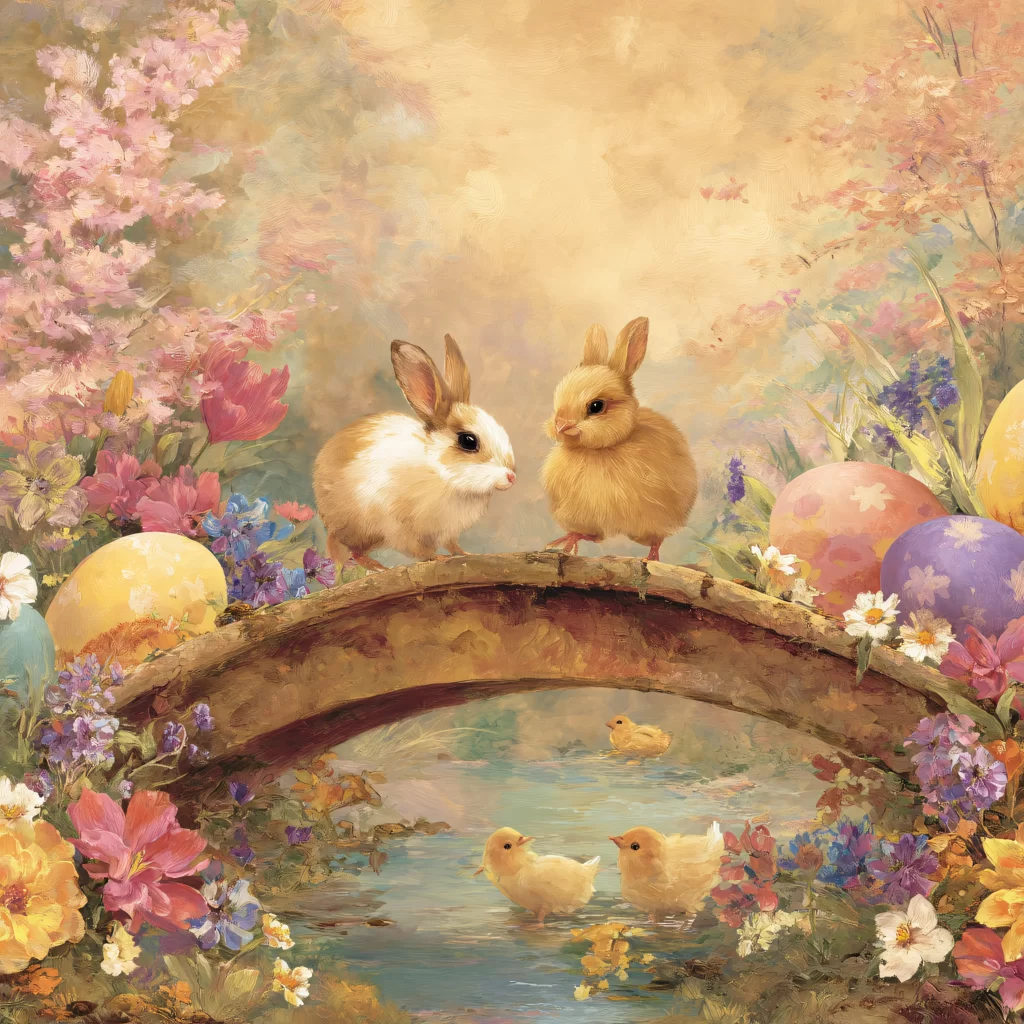 Easter Rabbit Chicks Flowers Garden