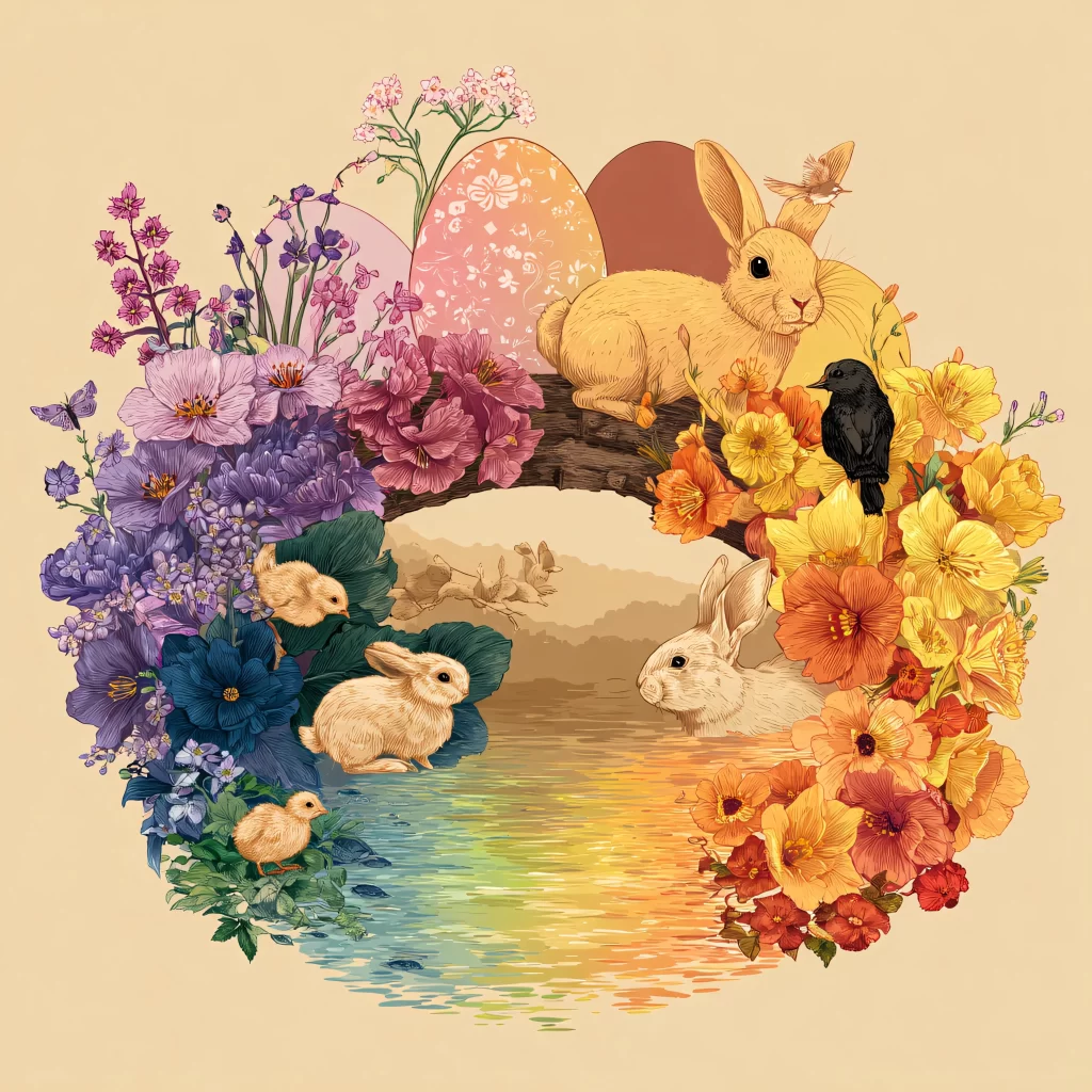 Easter Rabbit Flowers Bridge Pond