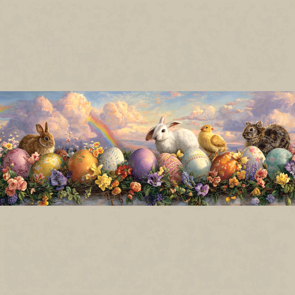 Easter Rabbit Eggs Rainbow Sunset Garden