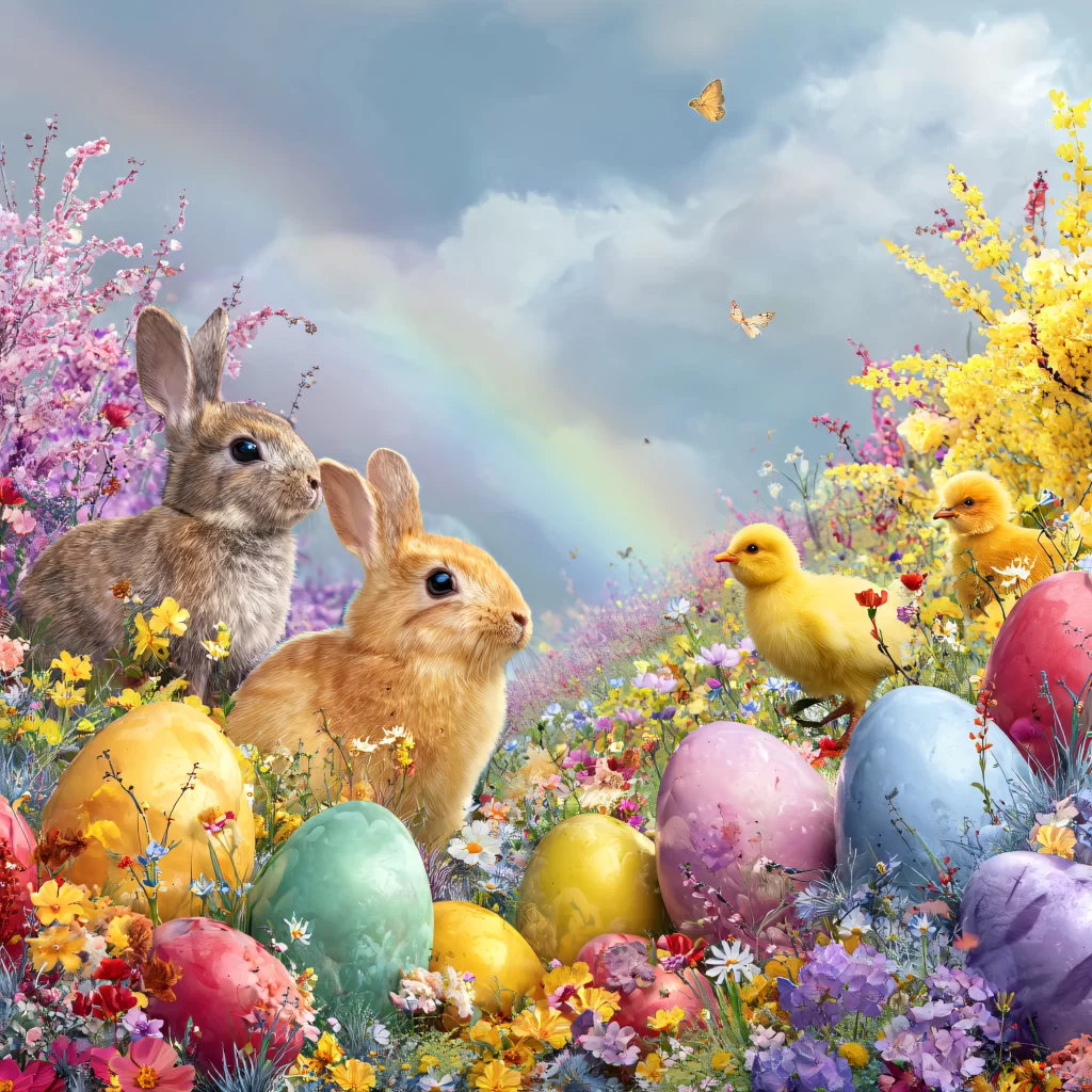 Easter Rabbit Chick Eggs Flowers Garden