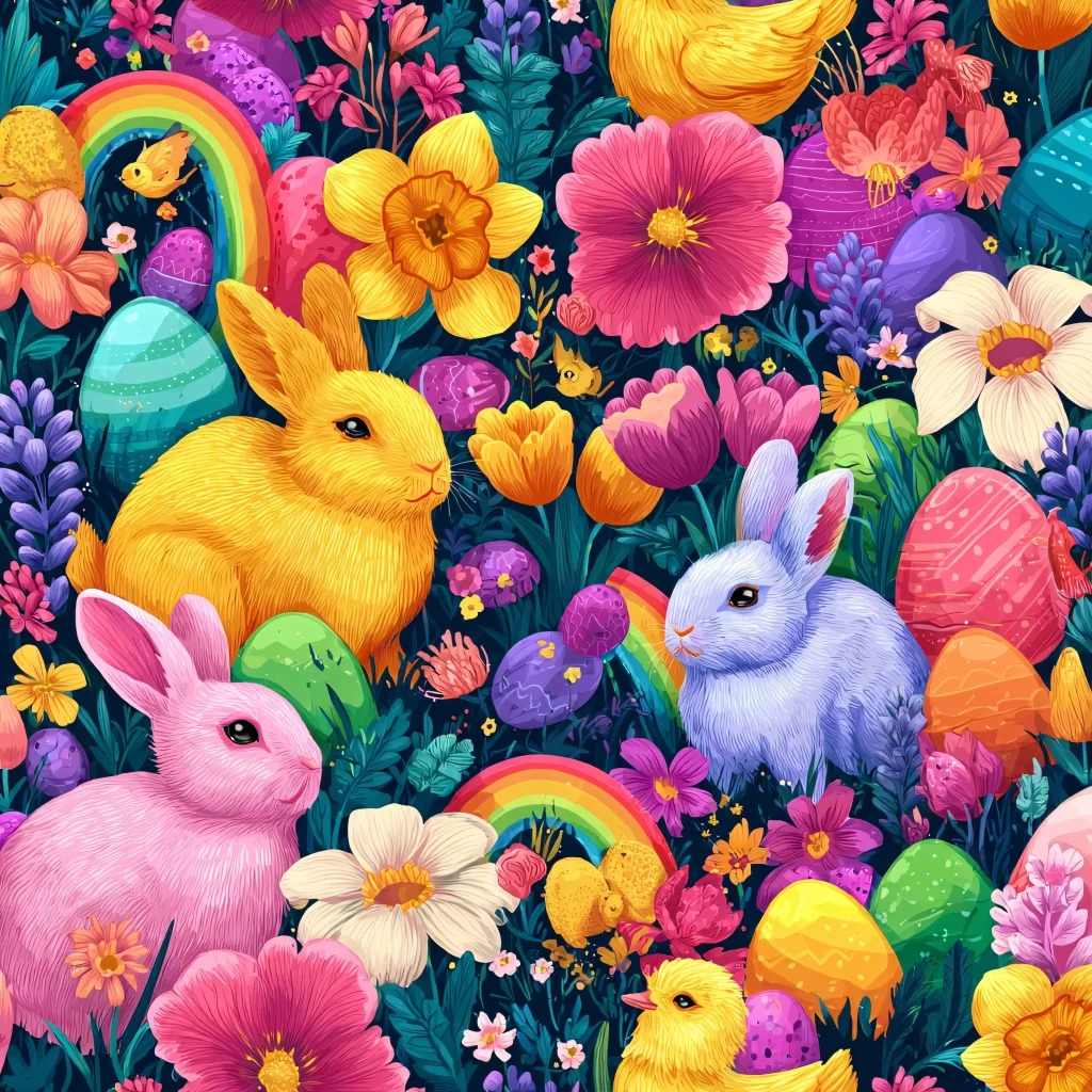 Easter Rabbit Chicks Eggs Flowers Garden