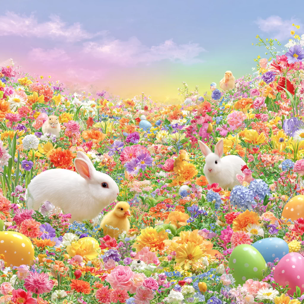 Easter Rabbit Chick Eggs Flowers Garden