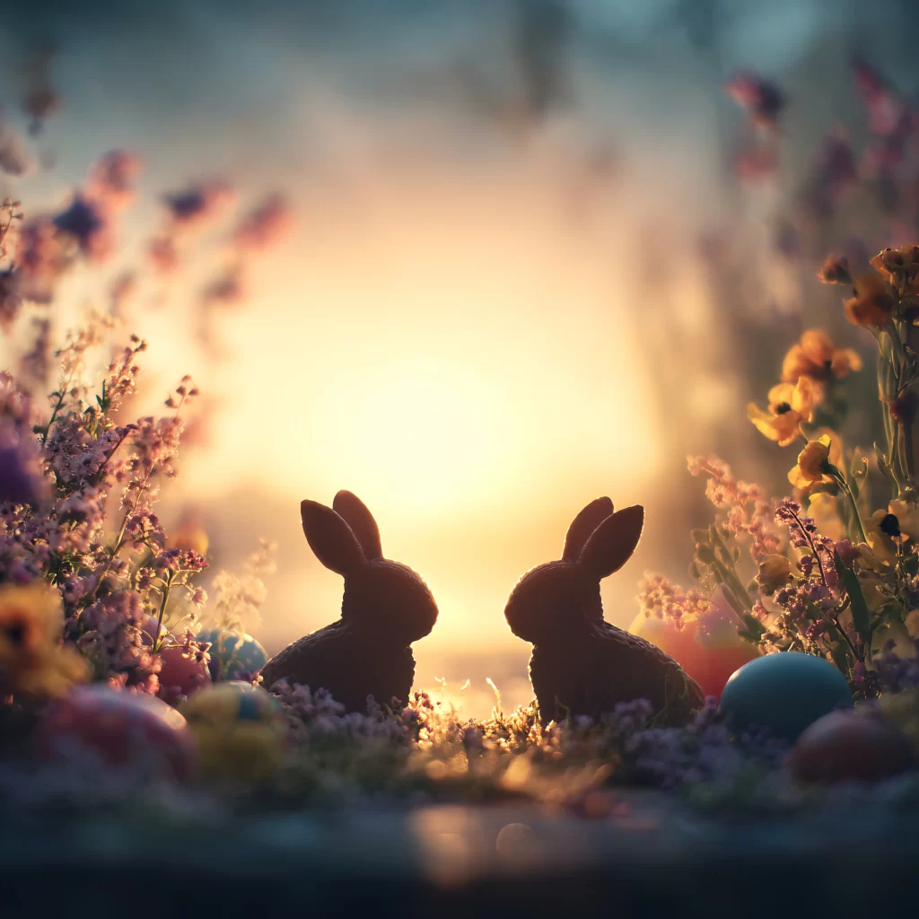 Easter Rabbit Flowers Sunset Garden