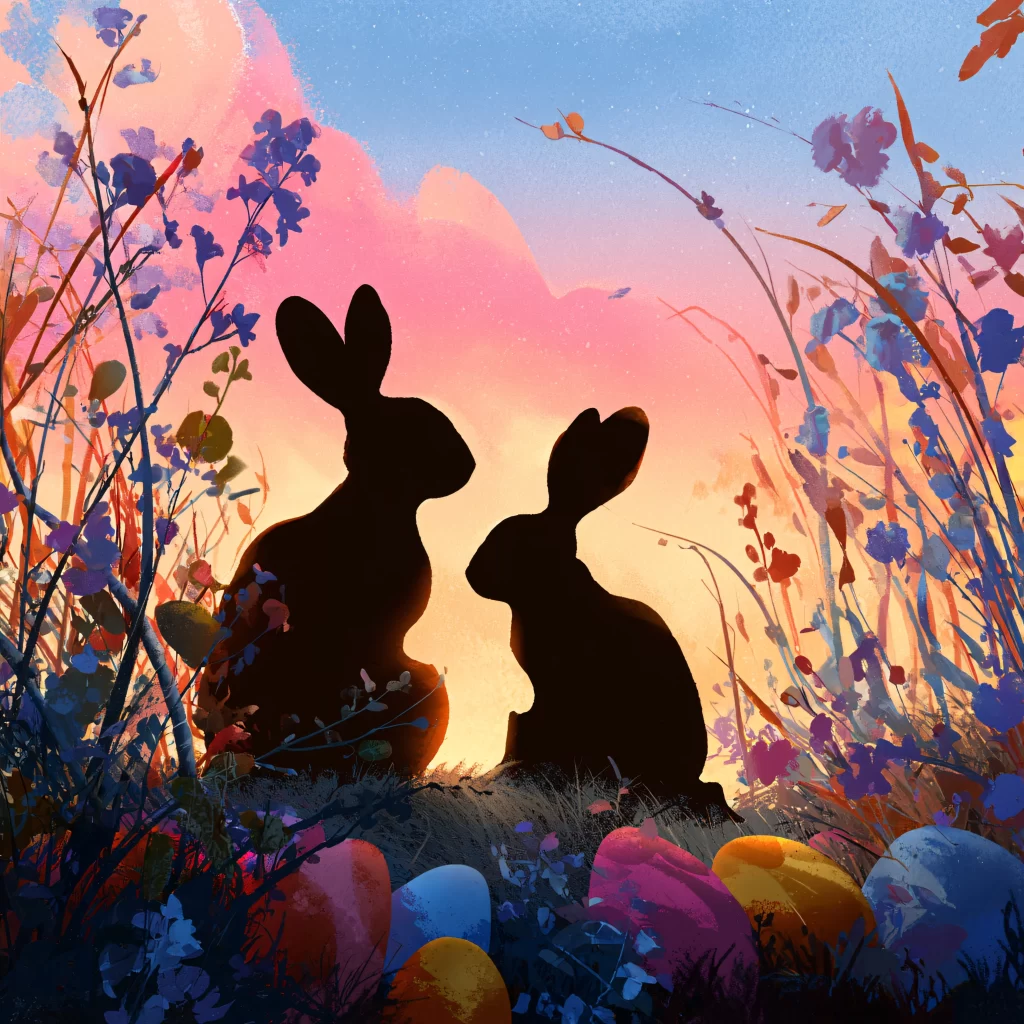 Easter Rabbit Silhouette Flowers Sunset