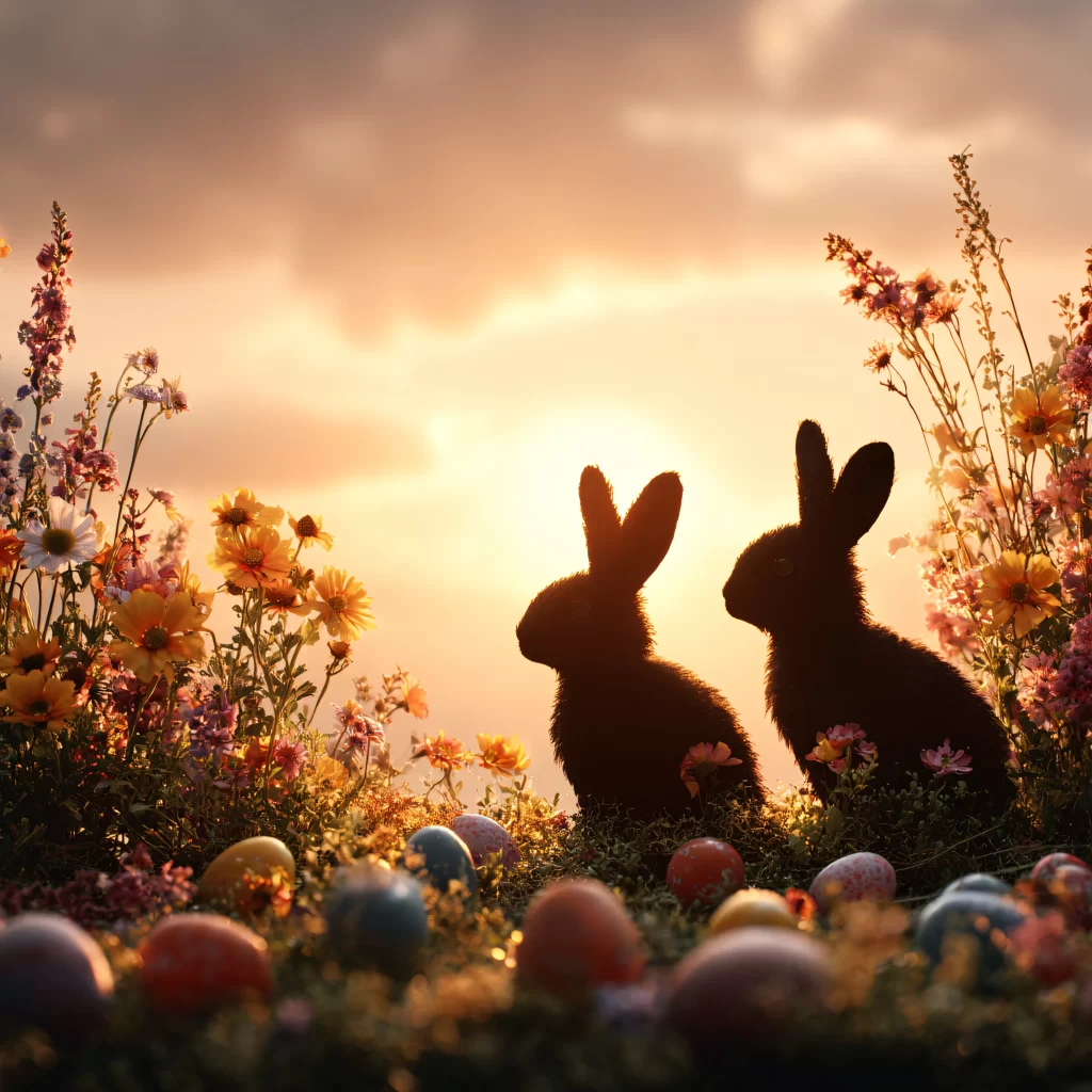 Easter Rabbit Eggs Sunset Garden