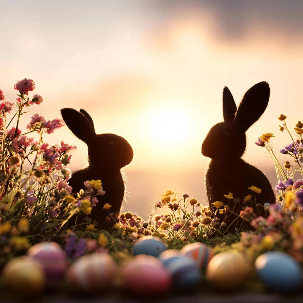 Easter Rabbit Flowers Sunset Garden
