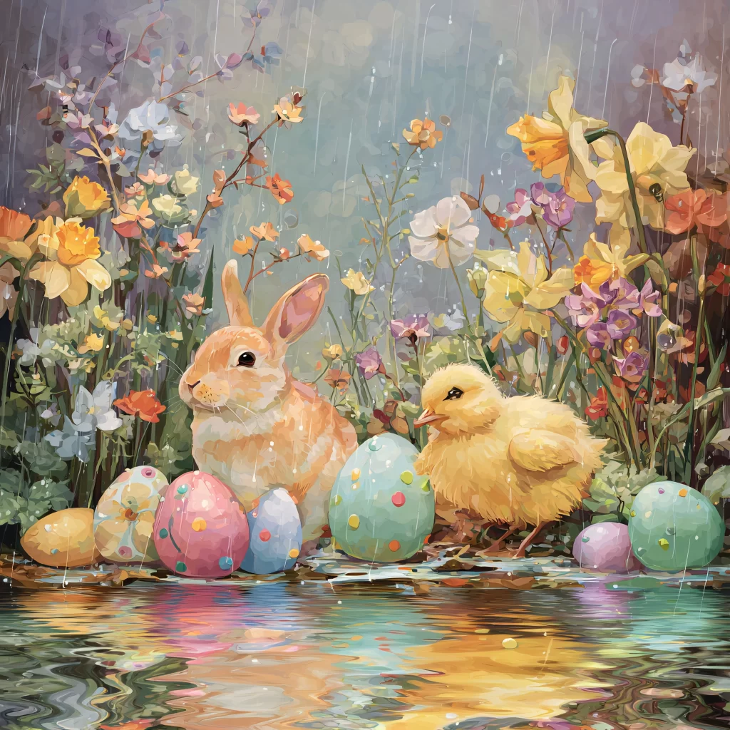 Easter Rabbit Chick Eggs Flowers Garden