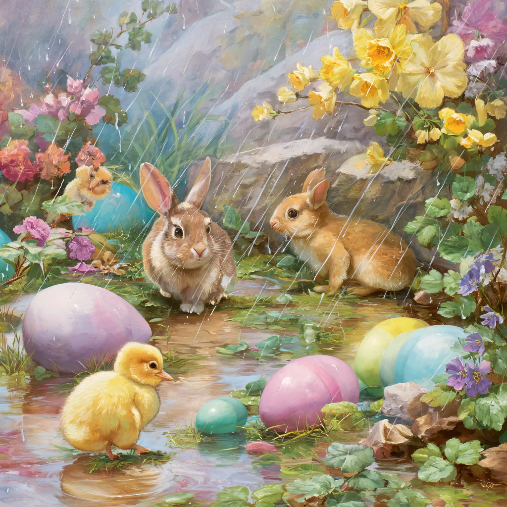 Easter Rabbit Chick Eggs Flowers Garden