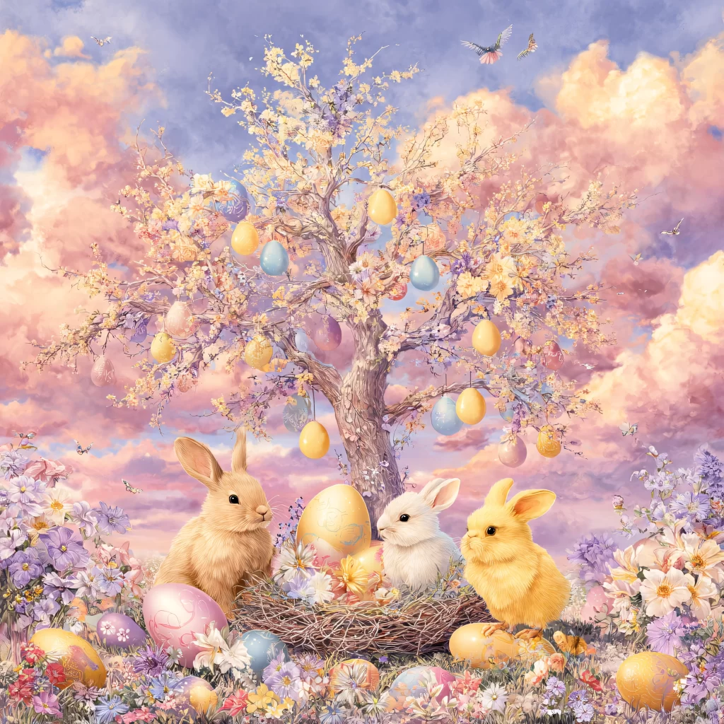 Easter Rabbit Eggs Flowers Garden