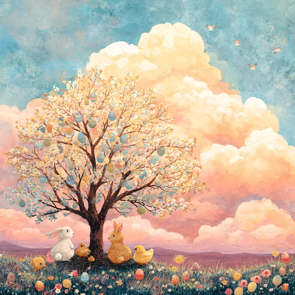 Easter Rabbit Chick Eggs Sunset Garden