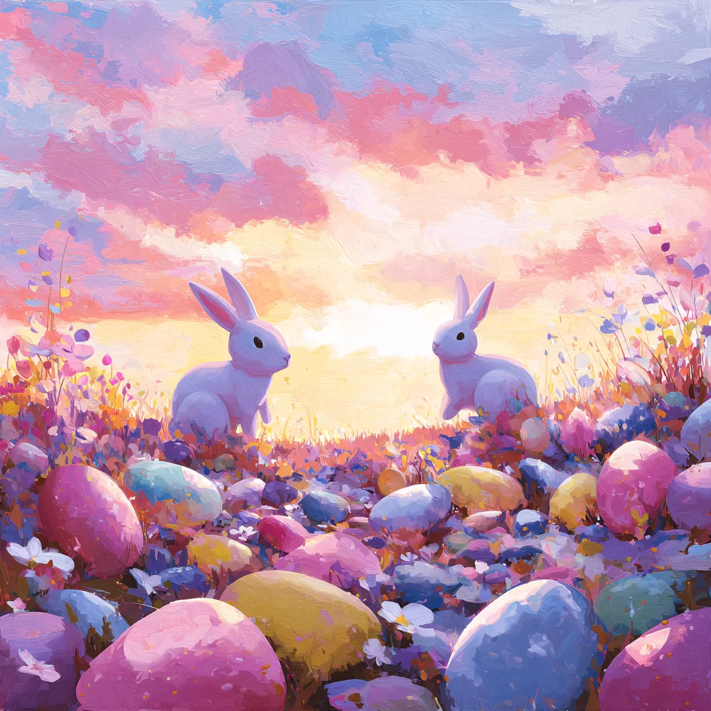 Easter Rabbit Eggs Sunset Garden