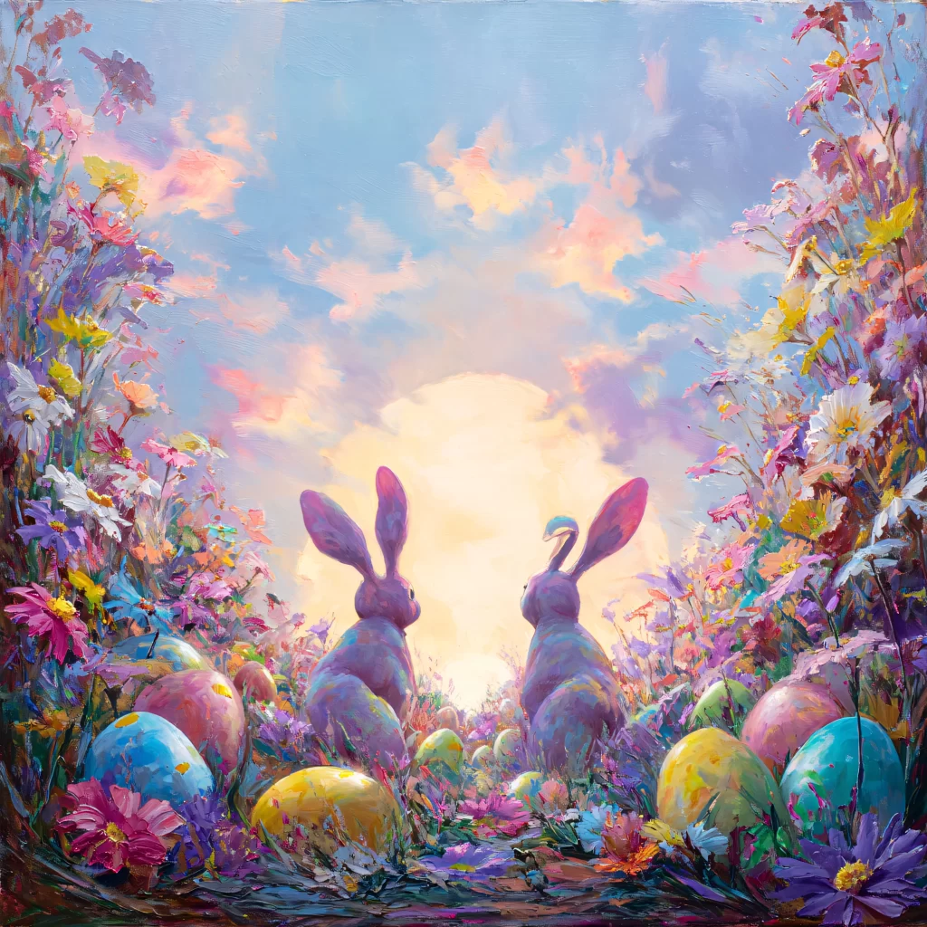 Easter Rabbit Eggs Flowers Sunset Garden