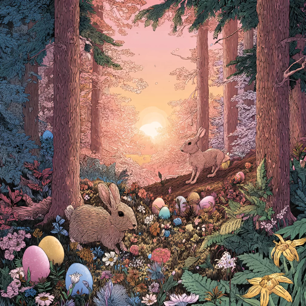 Easter Rabbit Eggs Pink Flowers Forest
