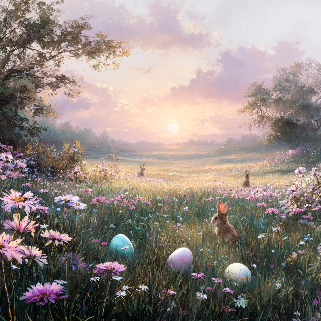 Easter Rabbit Eggs Pink Flowers Sunset