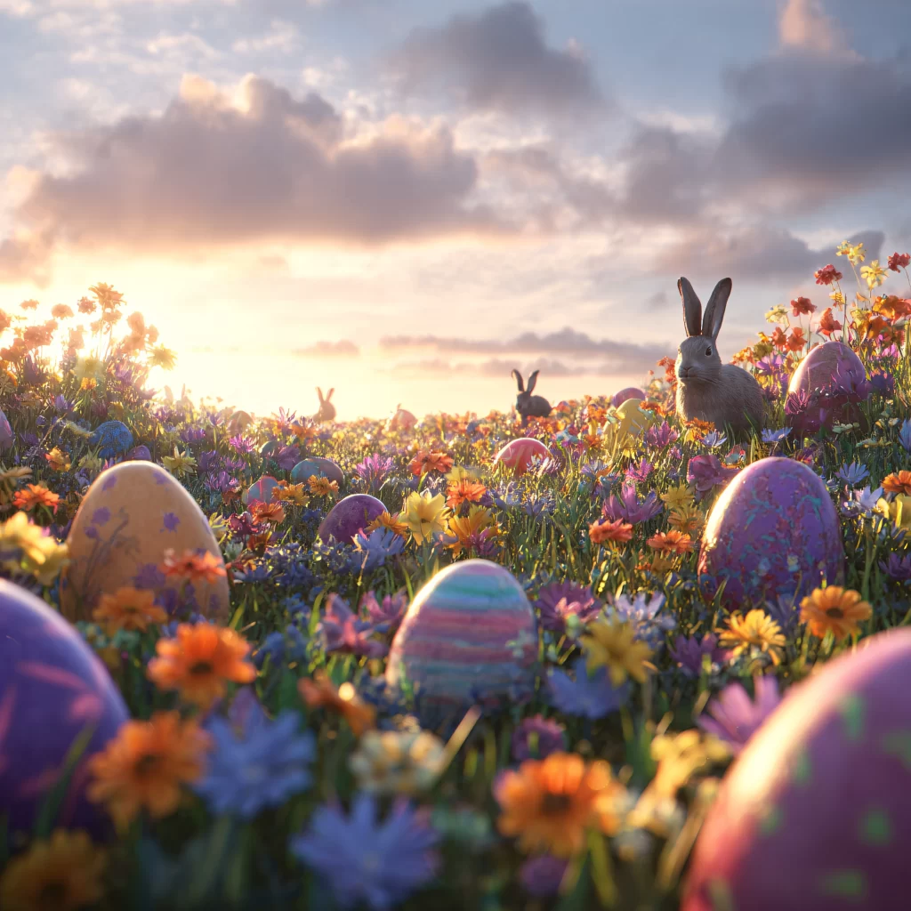 Easter Rabbits Eggs Flowers Pastel 577