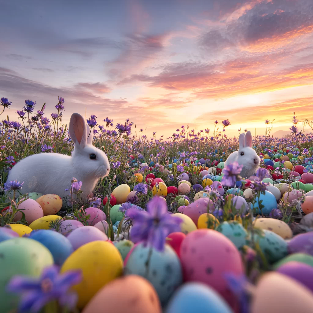 Easter Rabbits Eggs Flowers Sunset 578