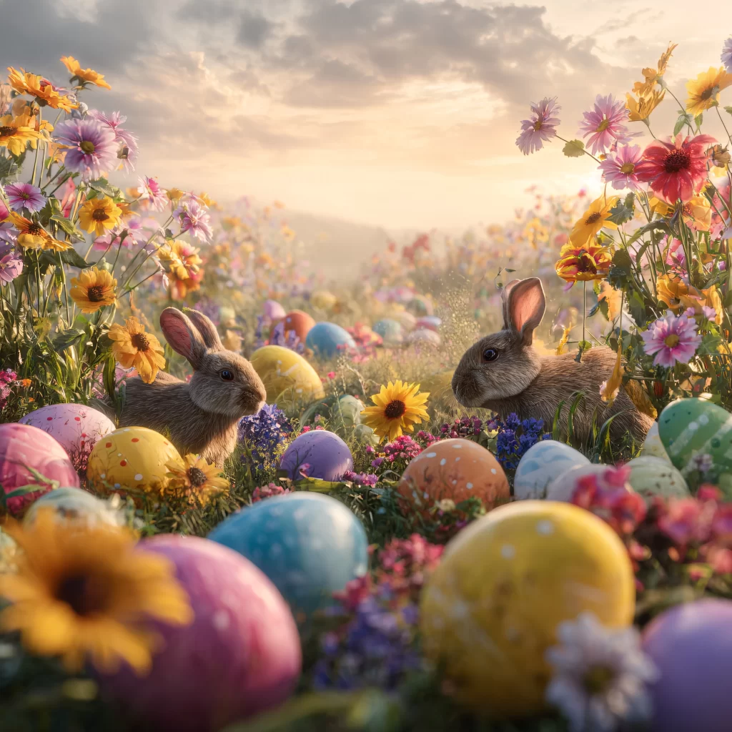 Easter Rabbits Eggs Flowers Pastel 579