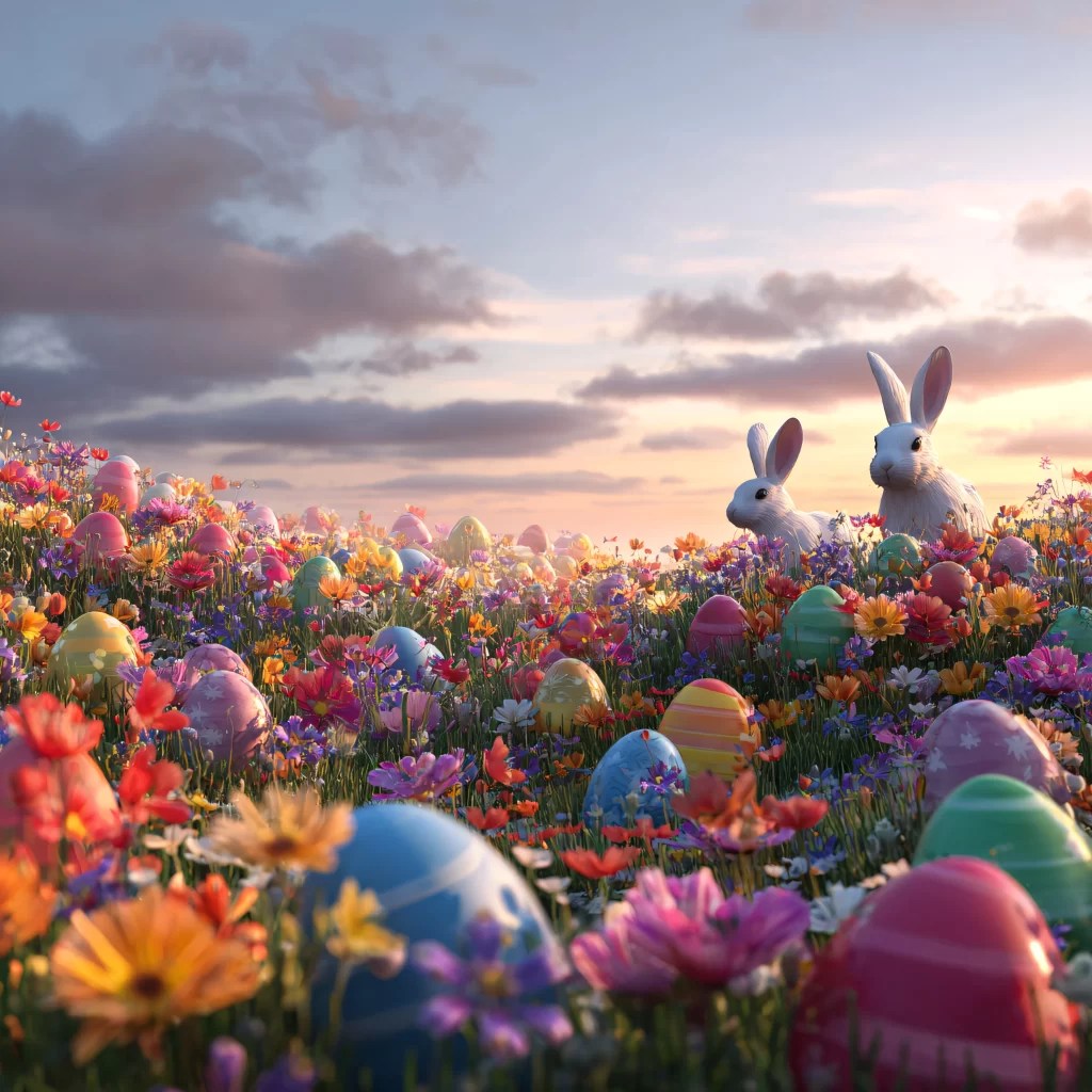 Easter Rabbits Eggs Flowers Pastel 580