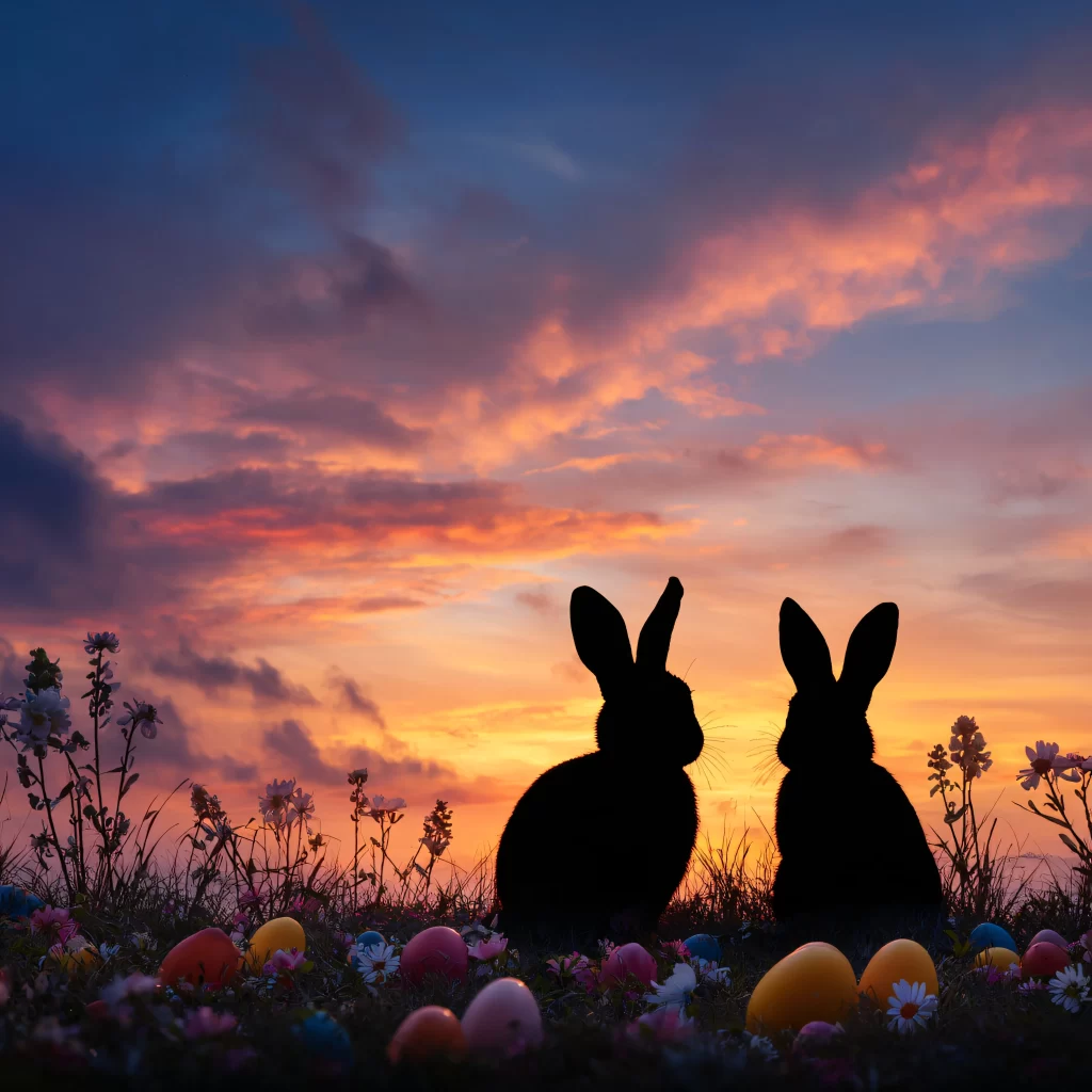 Easter Rabbits Eggs Flowers Sunset 581