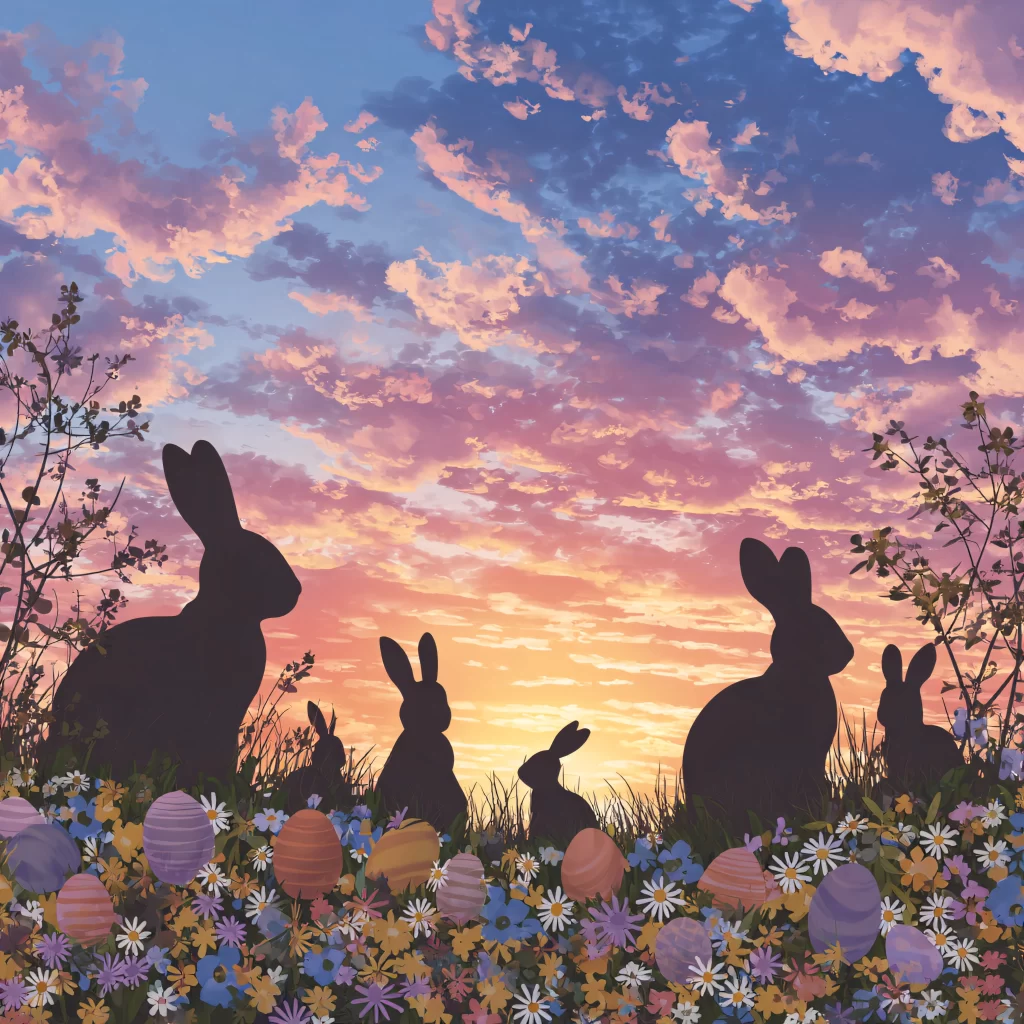 Easter Rabbits Eggs Flowers Sunset 582