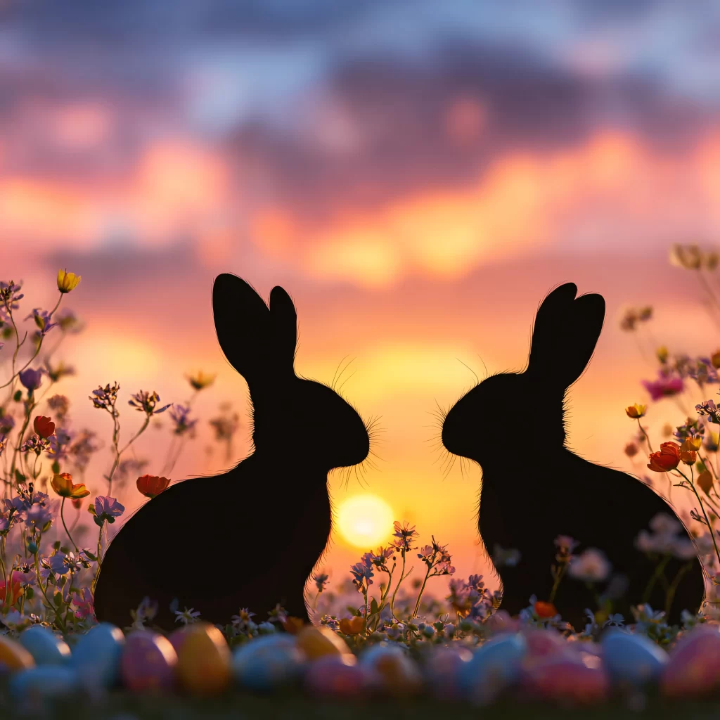 Easter Rabbits Eggs Flowers Sunset 584