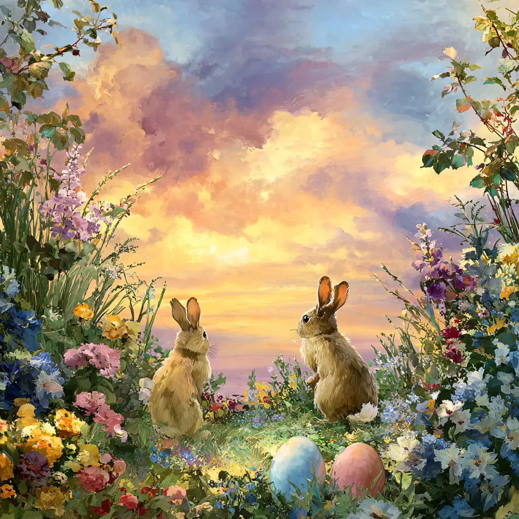 Easter Rabbits Eggs Flowers Sunset 585