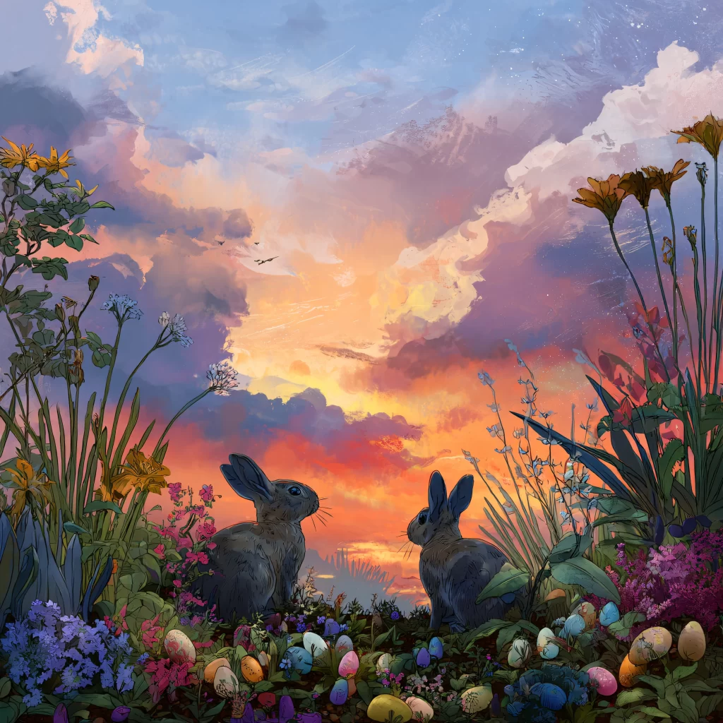 Easter Rabbits Eggs Flowers Sunset 586