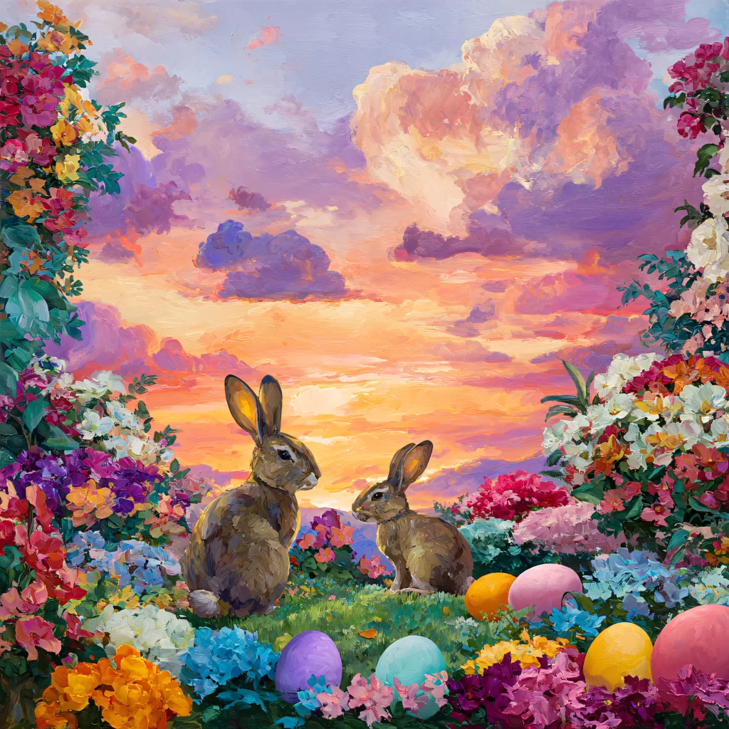 Easter Rabbits Eggs Flowers Sunset 587
