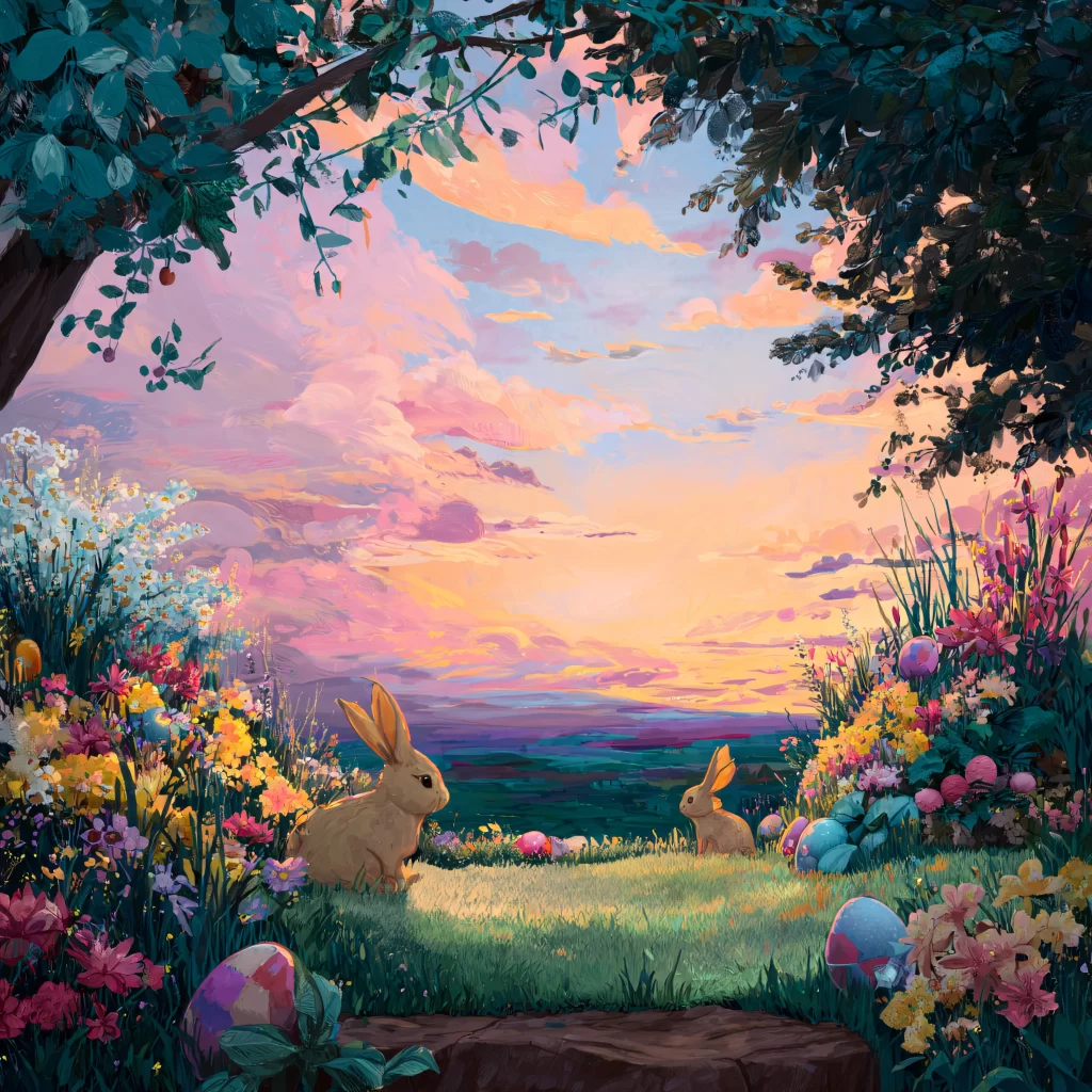 Easter Rabbits Eggs Flowers Sunset 588