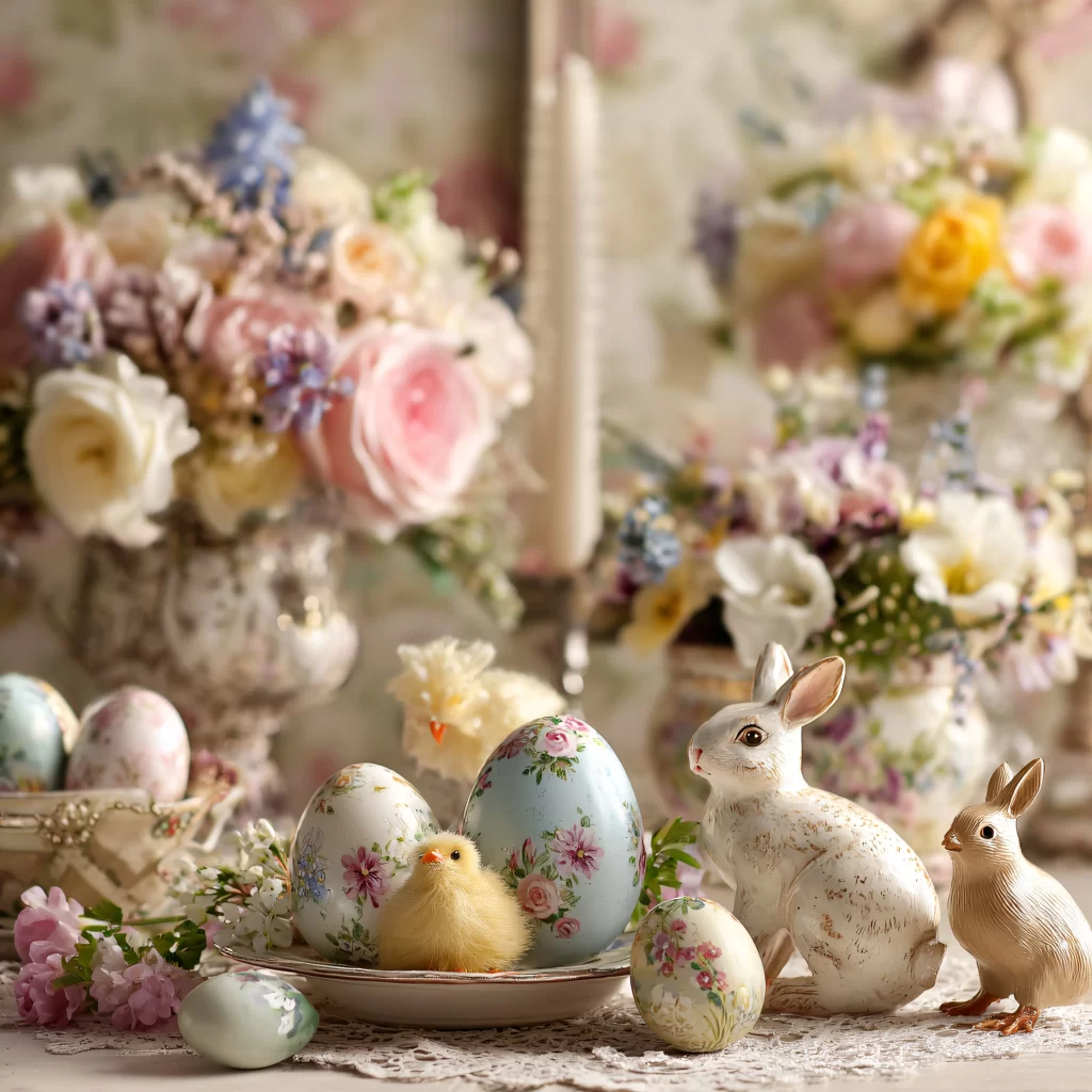 Easter Rabbits Eggs Flowers Pastel 592