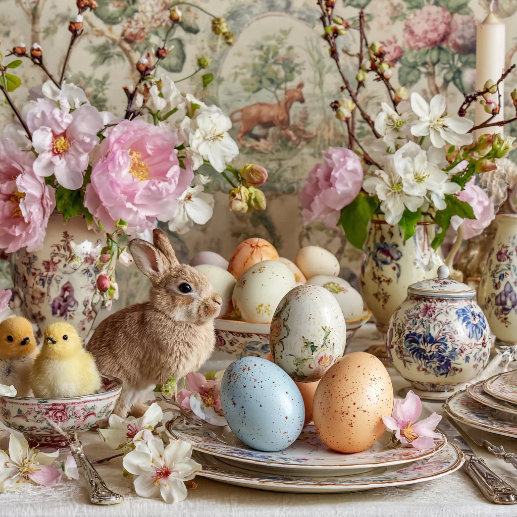 Easter Rabbits Eggs Flowers Pastel 596
