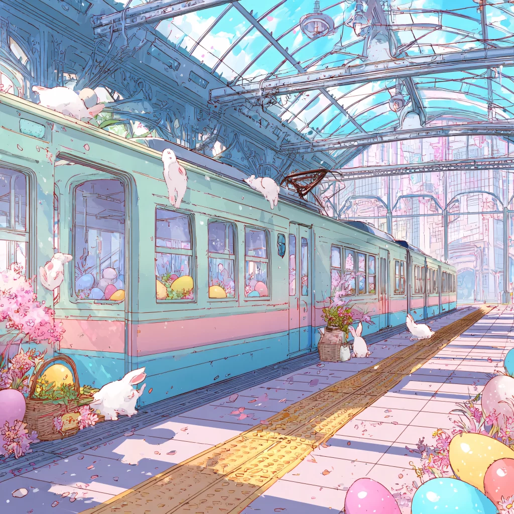 Easter Rabbits Eggs Flowers Pastel 604