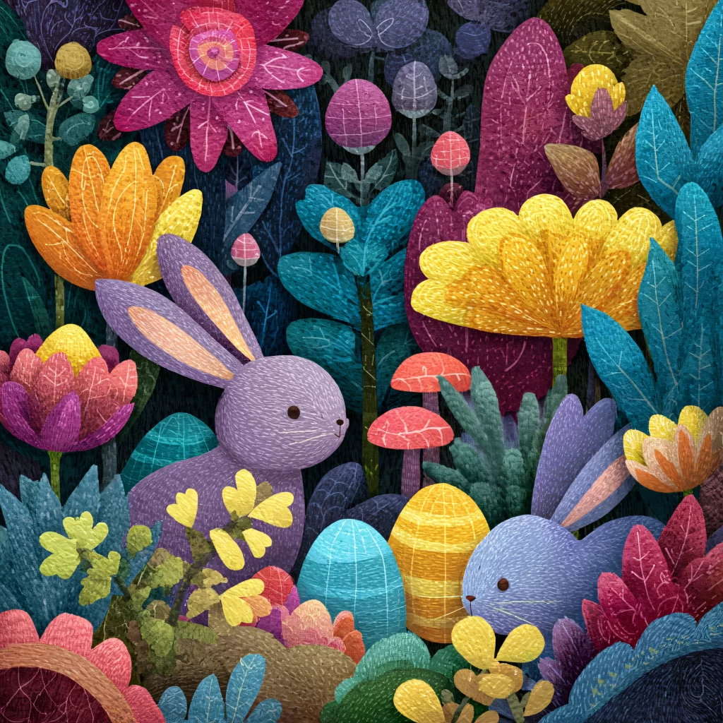 Easter Rabbits Eggs Flowers Purple 609