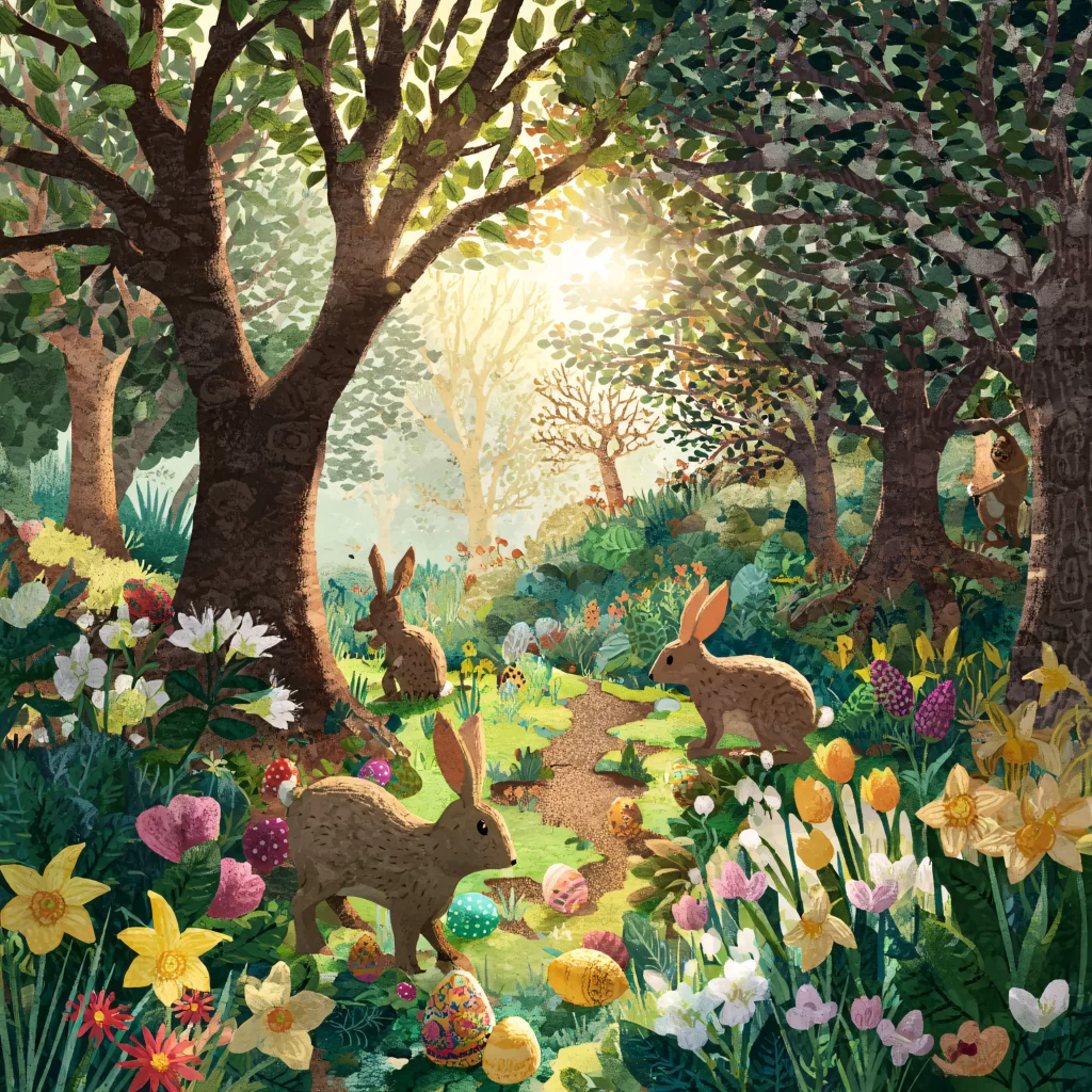 Easter Rabbits Eggs Flowers Green 615