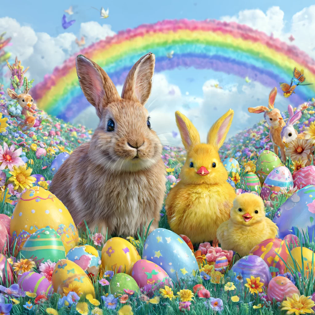 Easter Rabbits Eggs Flowers Rainbow 624