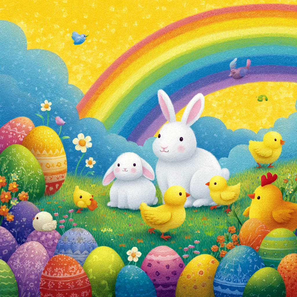 Easter Rabbits Eggs Flowers Rainbow 625