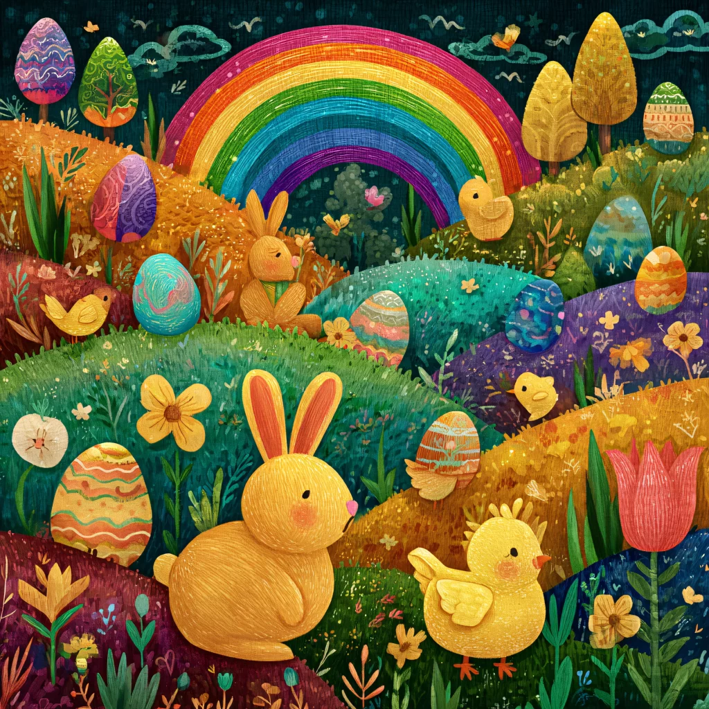 Easter Rabbits Eggs Flowers Rainbow 626