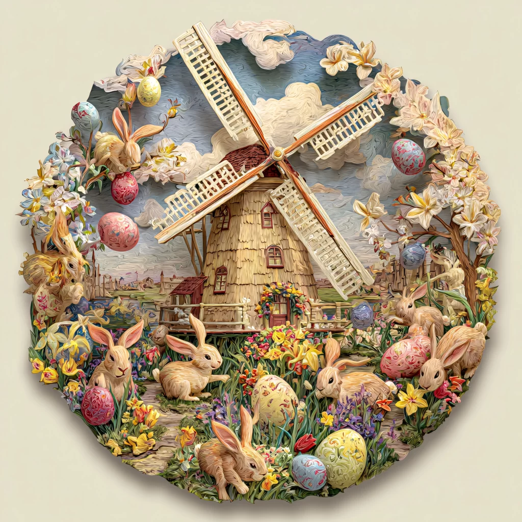 Easter Rabbit Windmill Flowers Eggs Garden