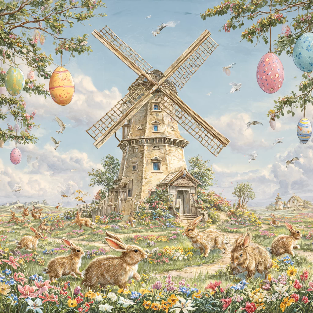 Easter Rabbit Windmill Eggs Flowers Garden