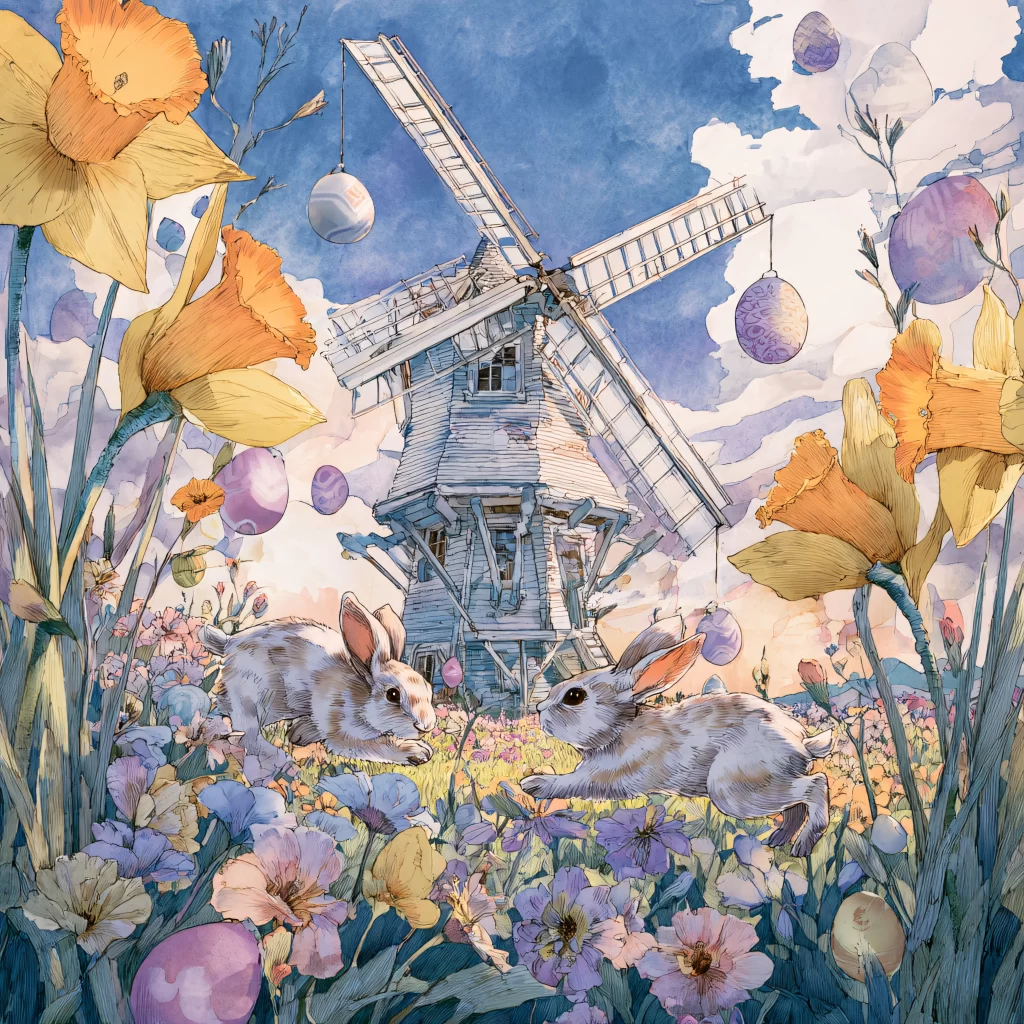 Easter Rabbit Windmill Flowers Eggs Garden