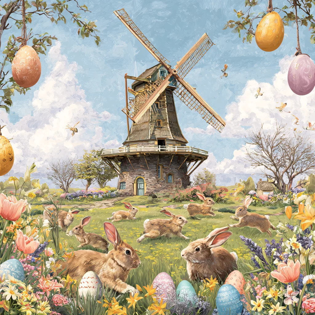 Easter Rabbit Windmill Tulips Garden