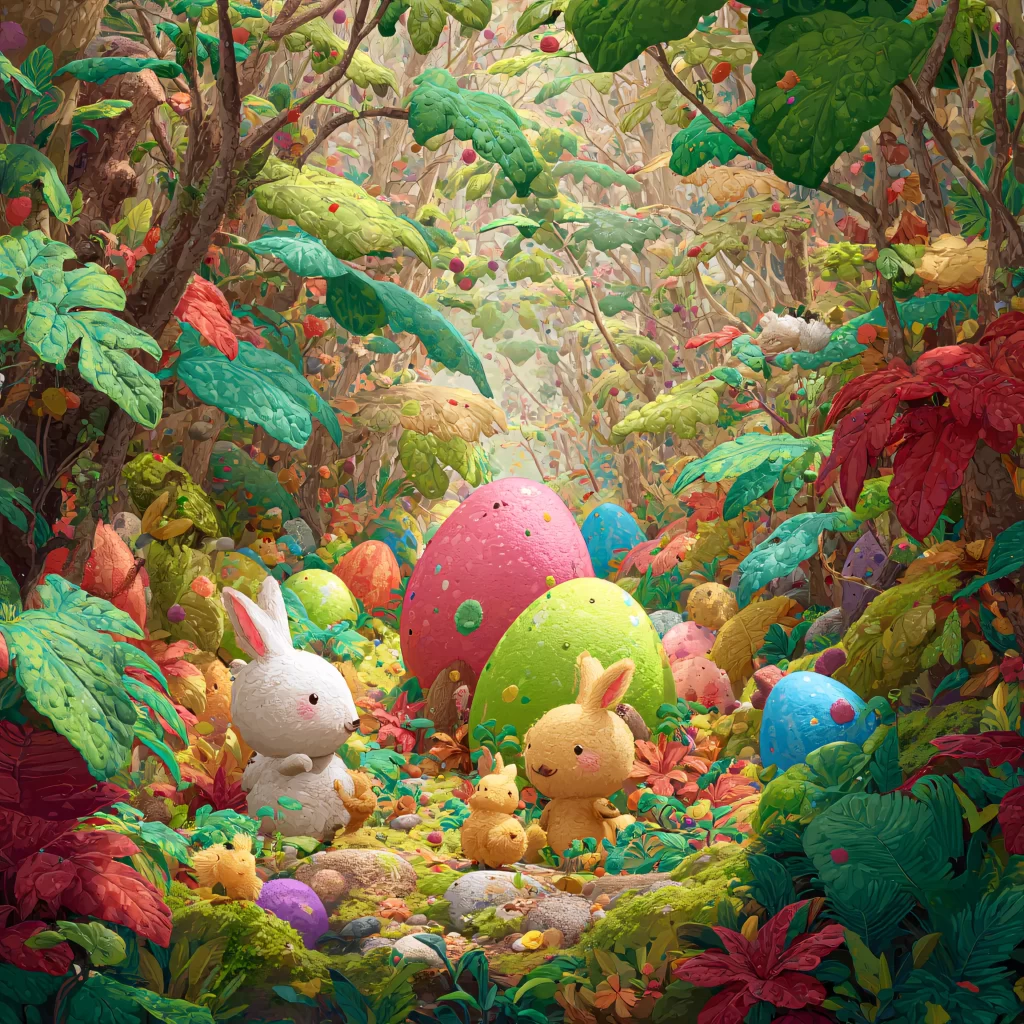 Easter Rabbits Eggs Forest Bright