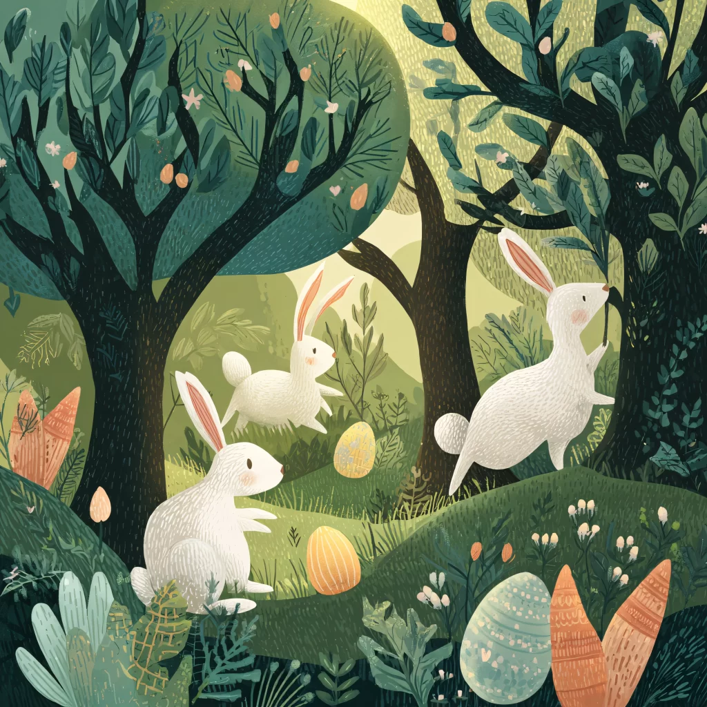 Easter Rabbits Eggs Green Forest 107