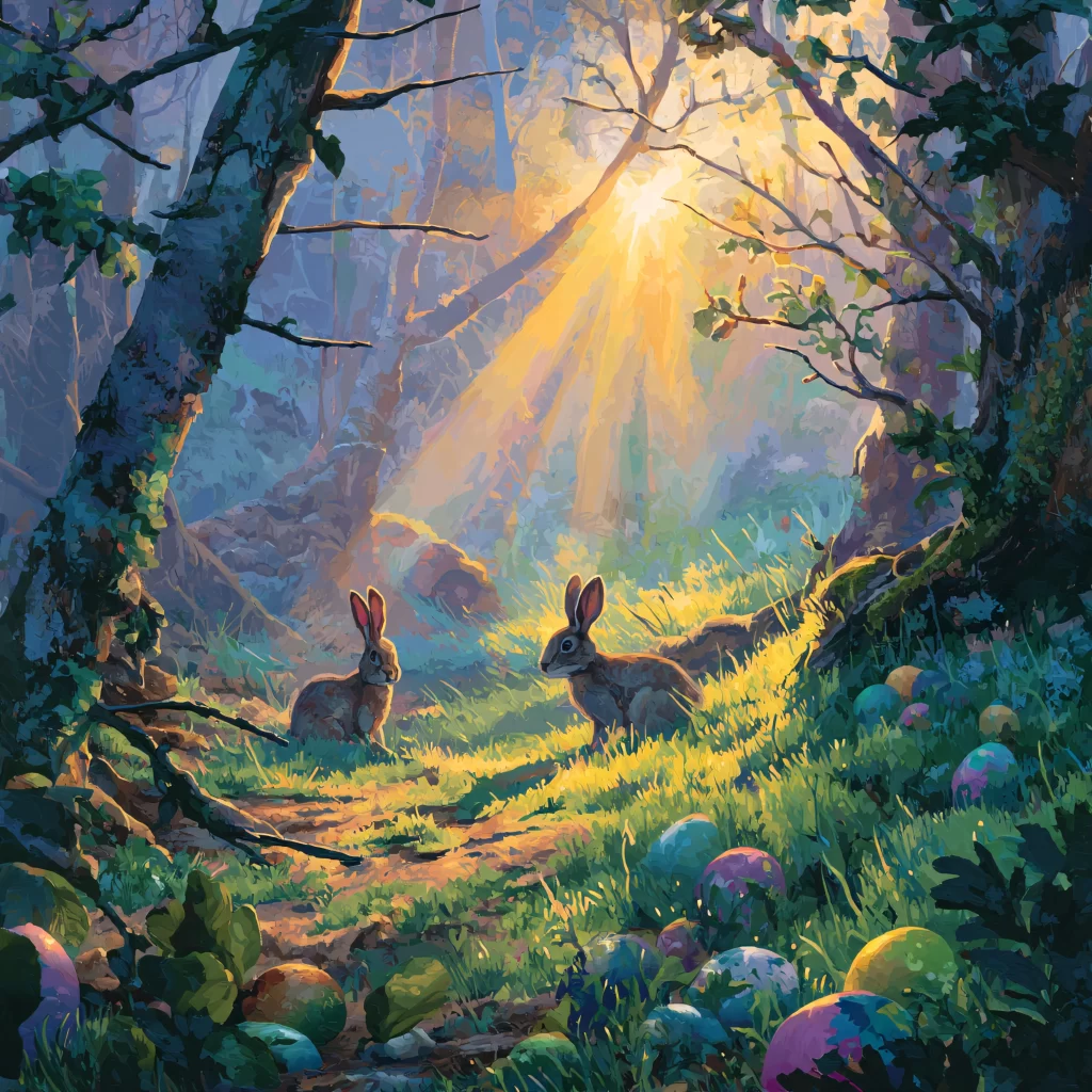Easter Rabbit Eggs Forest Sunlight