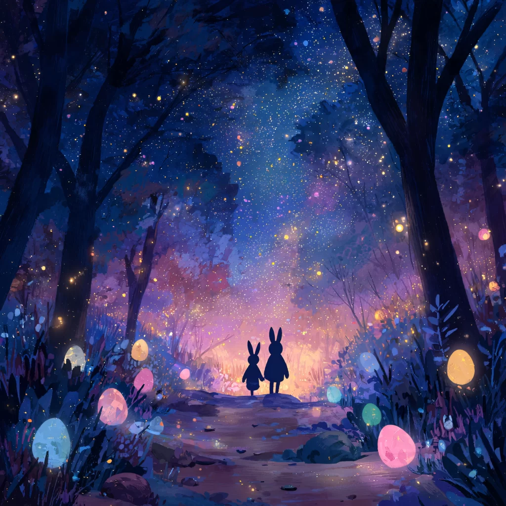 Easter Rabbit Eggs Blue Night Forest