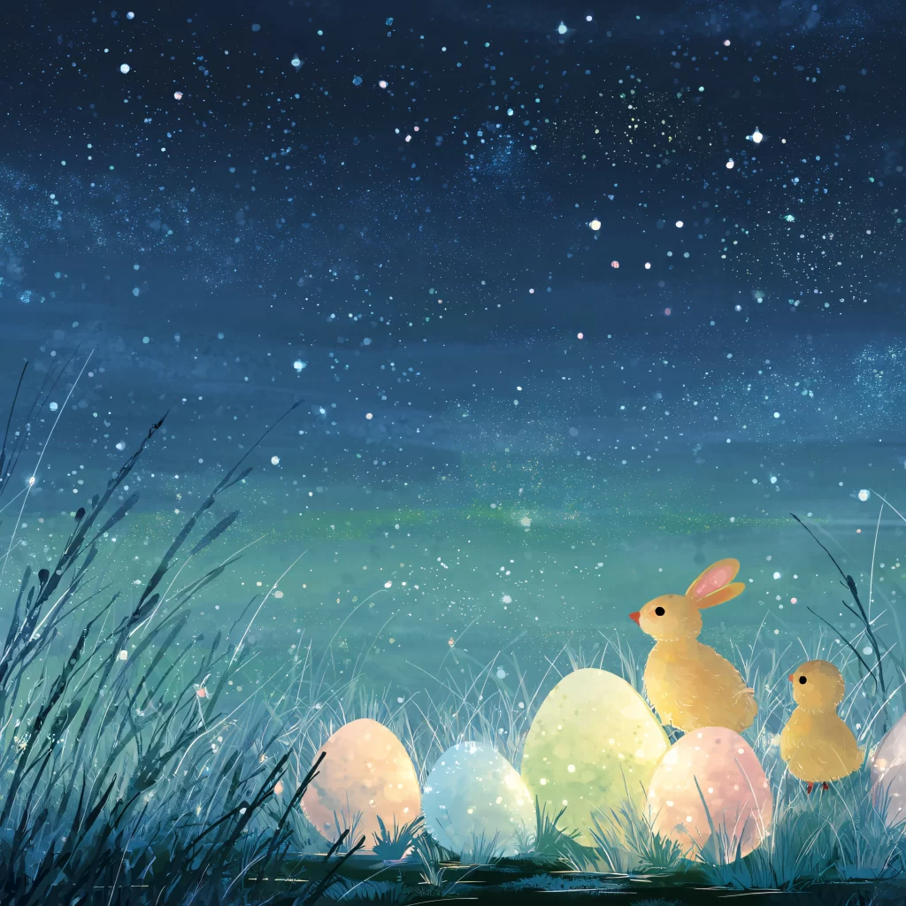 Easter Rabbit Chicks Eggs Blue Night