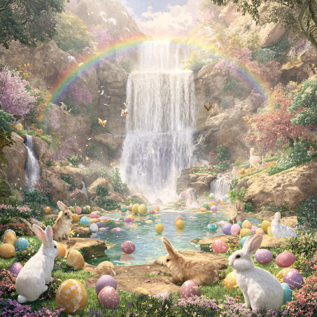 Easter Rabbit Eggs Waterfall Garden