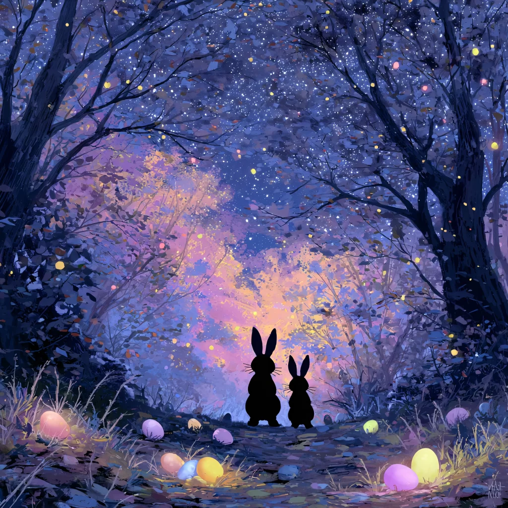 Easter Rabbit Eggs Blue Night Forest