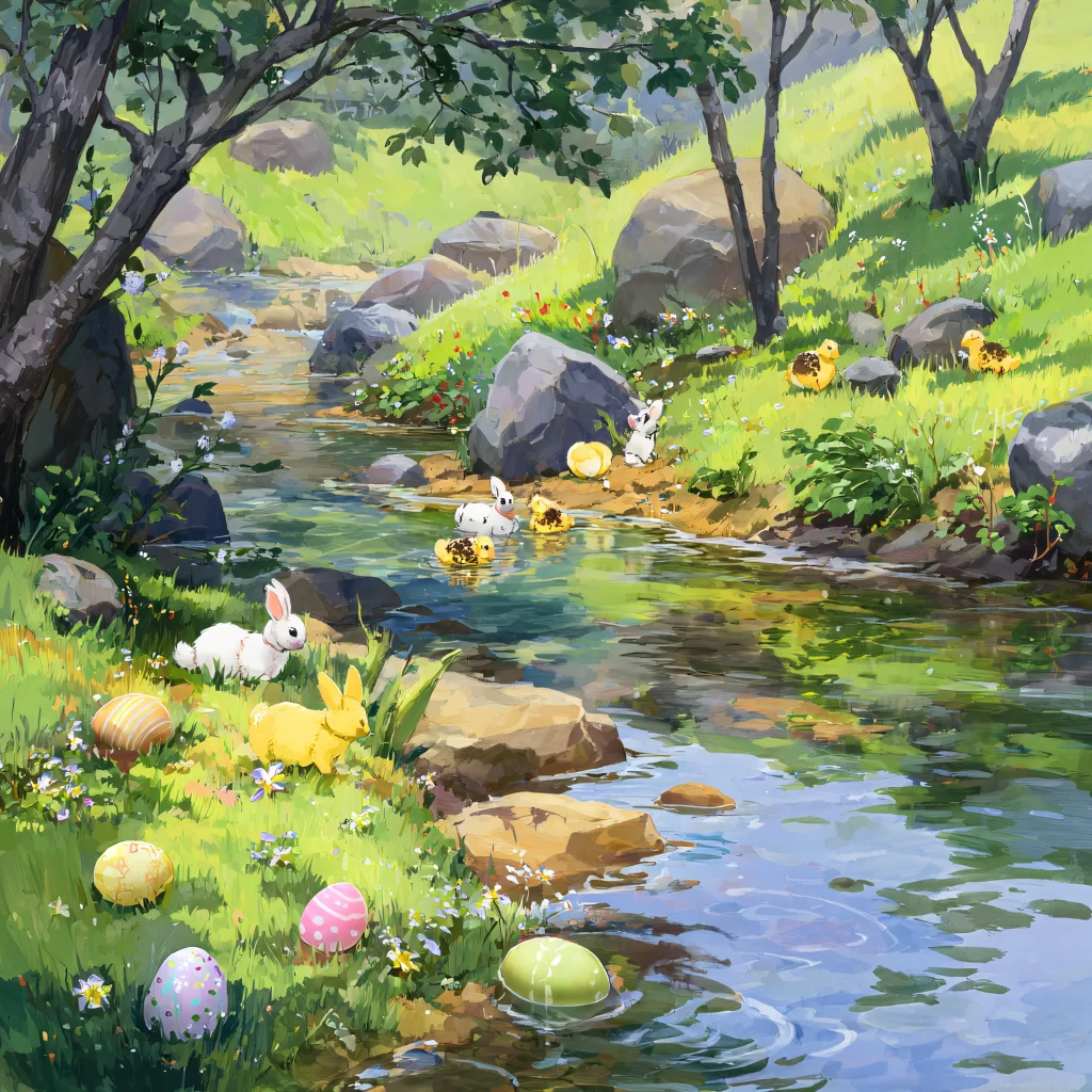 Easter Rabbits Eggs Yellow Green